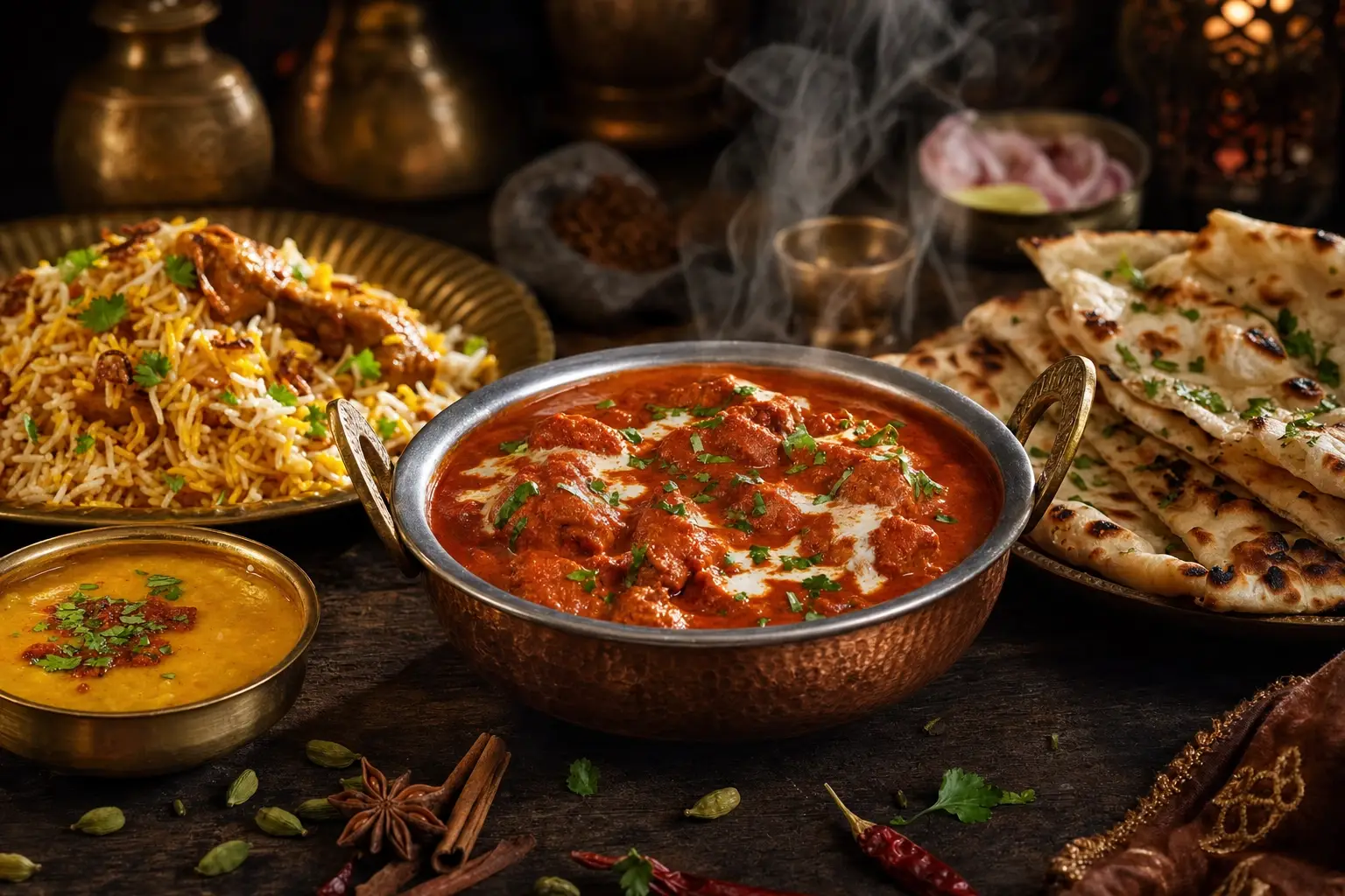 Table indienne aux plats fumants : curry dans sa marmite de cuivre, biryani au safran, dal et naans dorés